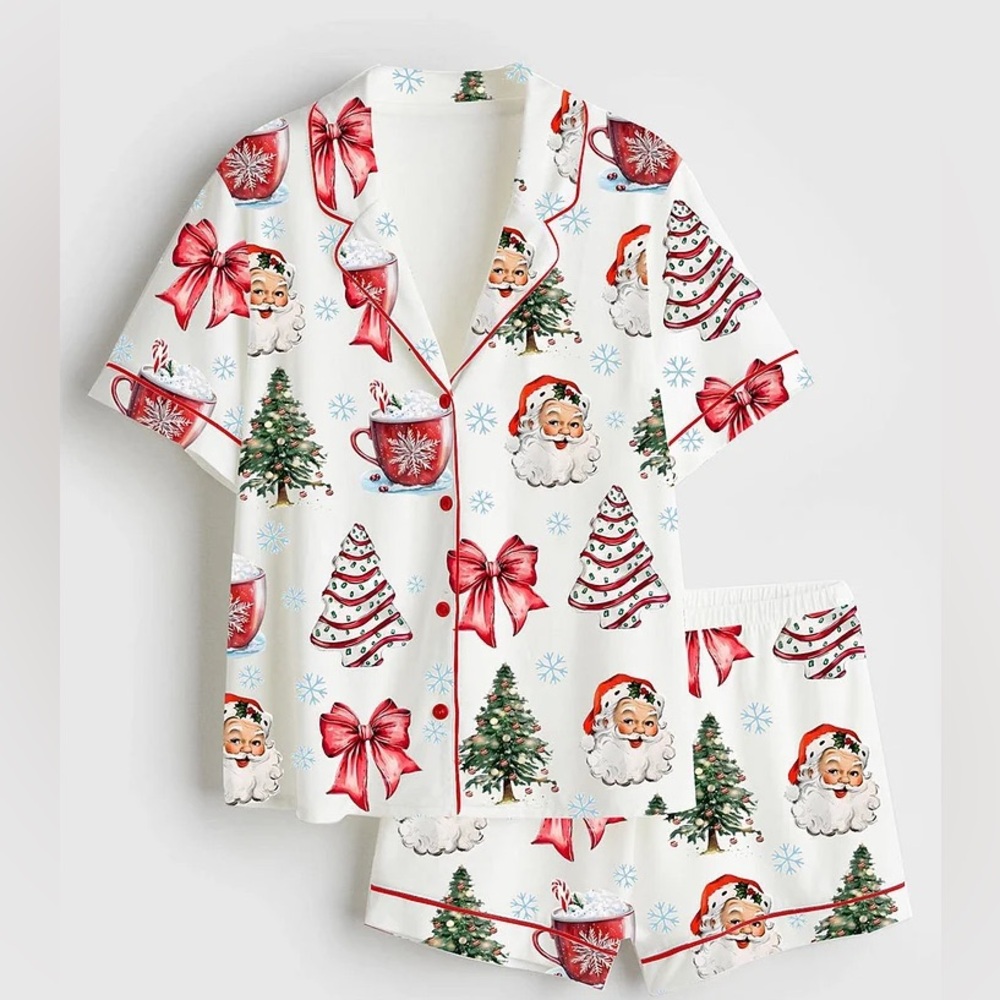 Women's Coquette Christmas Satin Pajama Set - Santa Print NWOT